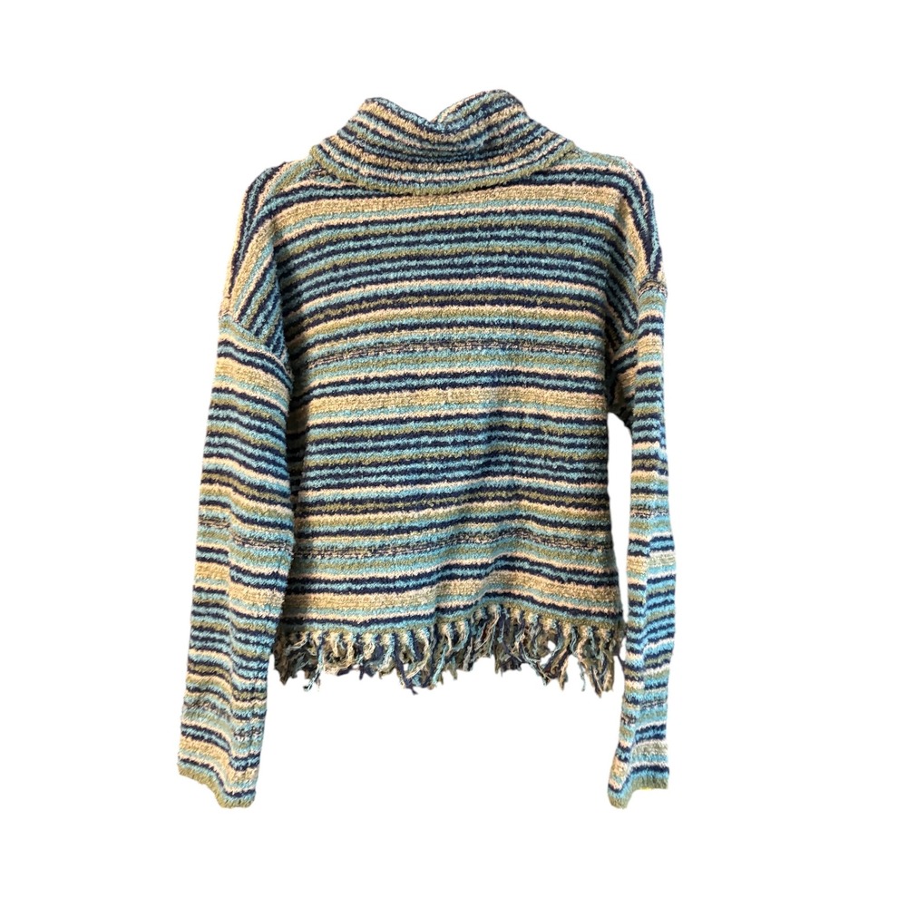 Hem & Thread Womens Blue Striped Fringe Hem Cowl Neck Boucle Sweater Medium